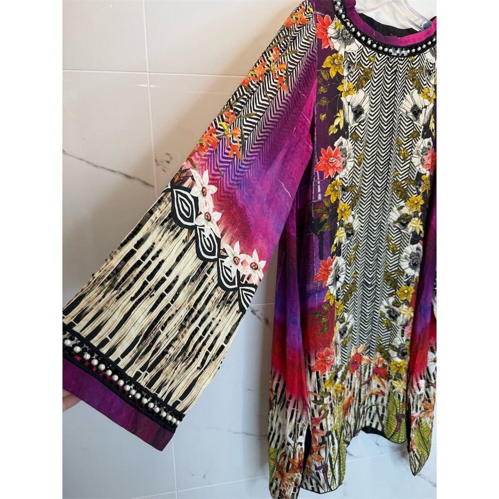 Art-to-wear Sapphire Floral Embroidered Beaded Tunic Dress Bell Sleeve Silk - Picture 2 of 16